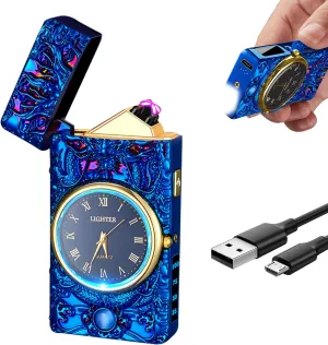 Electric Lighter with Plasma Arc, Windproof USB Rechargeable Lighter with Cool Design, Clock Dial, Flashlight, Power Display for Outdoor Daily Use, Gift for Men Women (Dragon, Blue)
