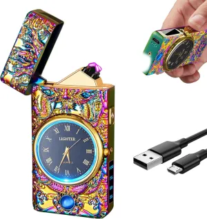 Electric Lighter with Plasma Arc, Windproof USB Rechargeable Lighter with Cool Design, Clock Dial, Flashlight, Power Display for Outdoor Daily Use, Gift for Men Women (Dragon, Multicolor)