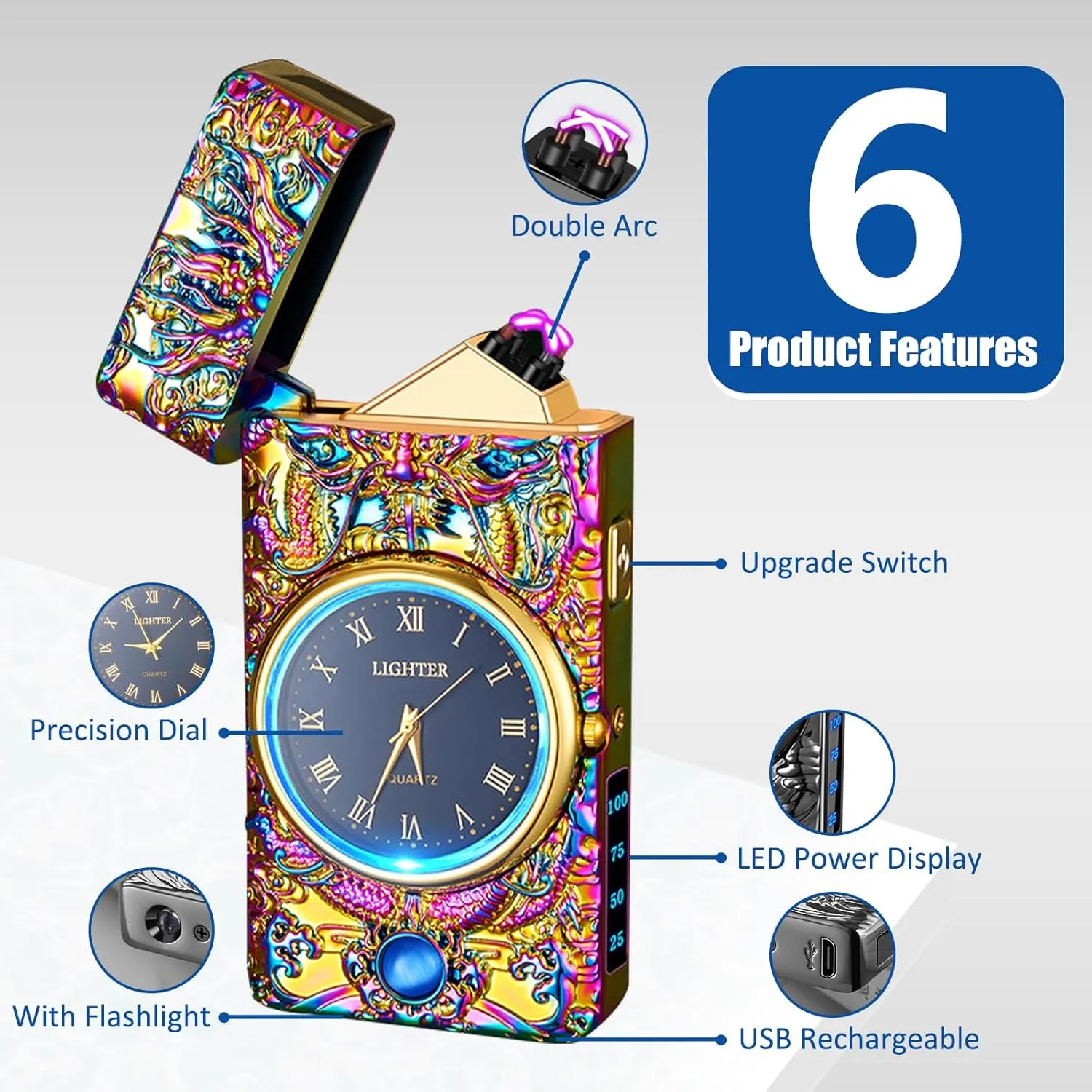 Electric Lighter with Plasma Arc, Windproof USB Rechargeable Lighter with Cool Design, Clock Dial, Flashlight, Power Display for Outdoor Daily Use, Gift for Men Women (Dragon, Multicolor)