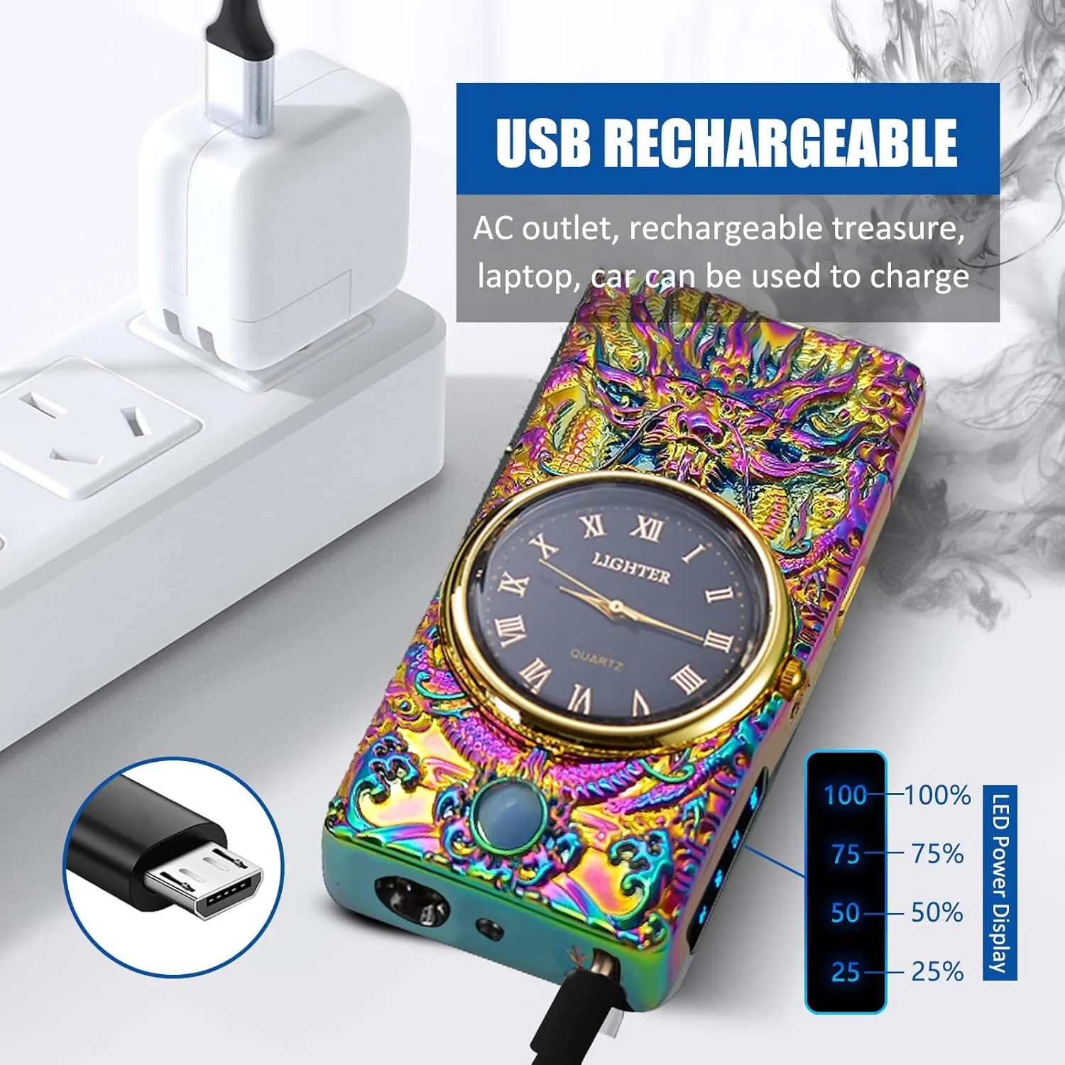 Electric Lighter with Plasma Arc, Windproof USB Rechargeable Lighter with Cool Design, Clock Dial, Flashlight, Power Display for Outdoor Daily Use, Gift for Men Women (Dragon, Multicolor)