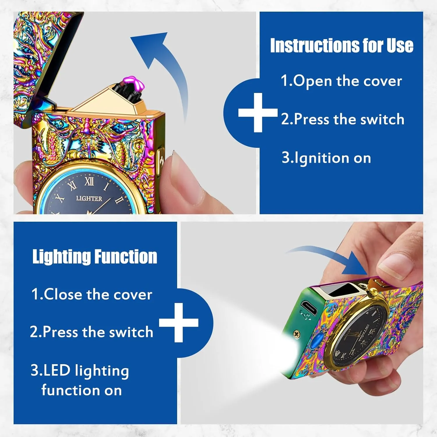 Electric Lighter with Plasma Arc, Windproof USB Rechargeable Lighter with Cool Design, Clock Dial, Flashlight, Power Display for Outdoor Daily Use, Gift for Men Women (Dragon, Multicolor)