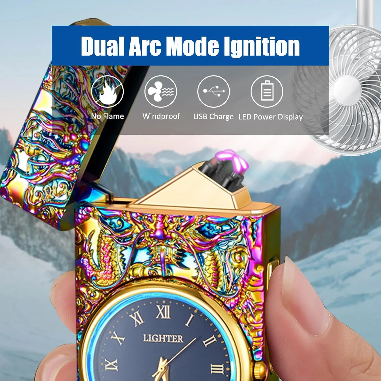 Electric Lighter with Plasma Arc, Windproof USB Rechargeable Lighter with Cool Design, Clock Dial, Flashlight, Power Display for Outdoor Daily Use, Gift for Men Women (Dragon, Multicolor)