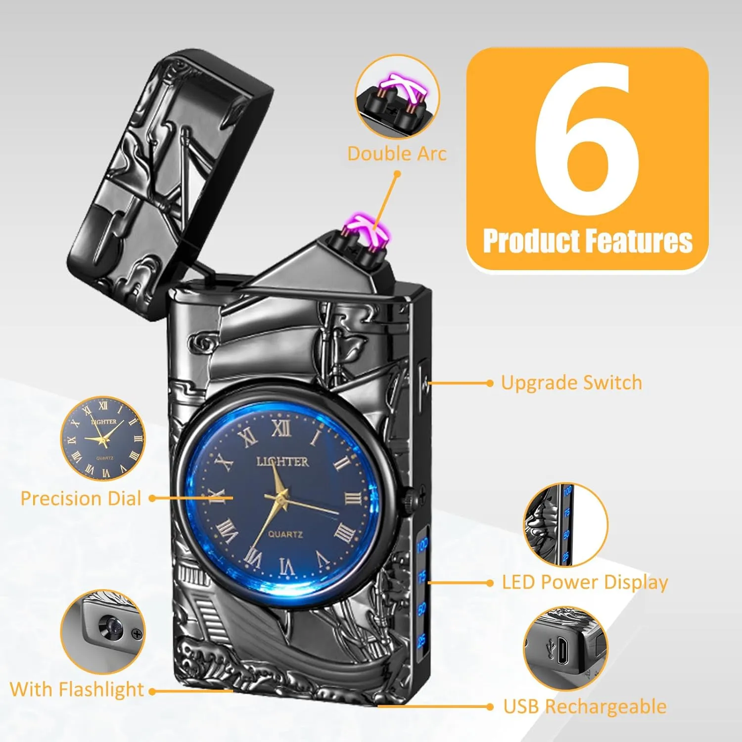 Electric Lighter with Plasma Arc, Windproof USB Rechargeable Lighter with Cool Design, Clock Dial, Flashlight, Power Display for Outdoor Daily Use, Gift for Men Women (Sailboat, Black)