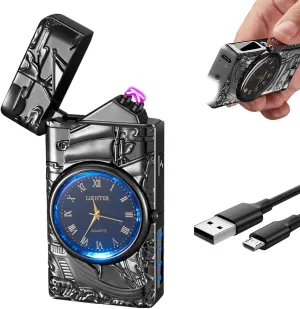 Electric Lighter with Plasma Arc, Windproof USB Rechargeable Lighter with Cool Design, Clock Dial, Flashlight, Power Display for Outdoor Daily Use, Gift for Men Women (Sailboat, Black)