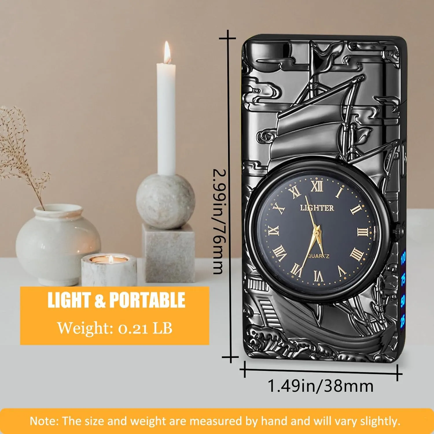 Electric Lighter with Plasma Arc, Windproof USB Rechargeable Lighter with Cool Design, Clock Dial, Flashlight, Power Display for Outdoor Daily Use, Gift for Men Women (Sailboat, Black)