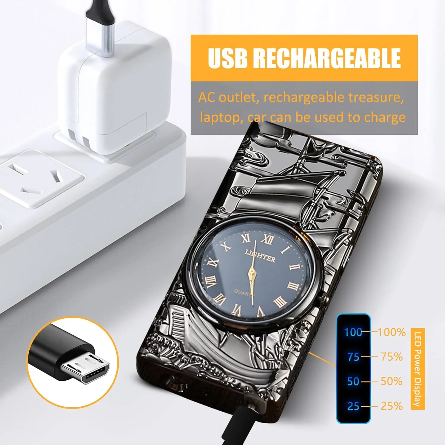 Electric Lighter with Plasma Arc, Windproof USB Rechargeable Lighter with Cool Design, Clock Dial, Flashlight, Power Display for Outdoor Daily Use, Gift for Men Women (Sailboat, Black)