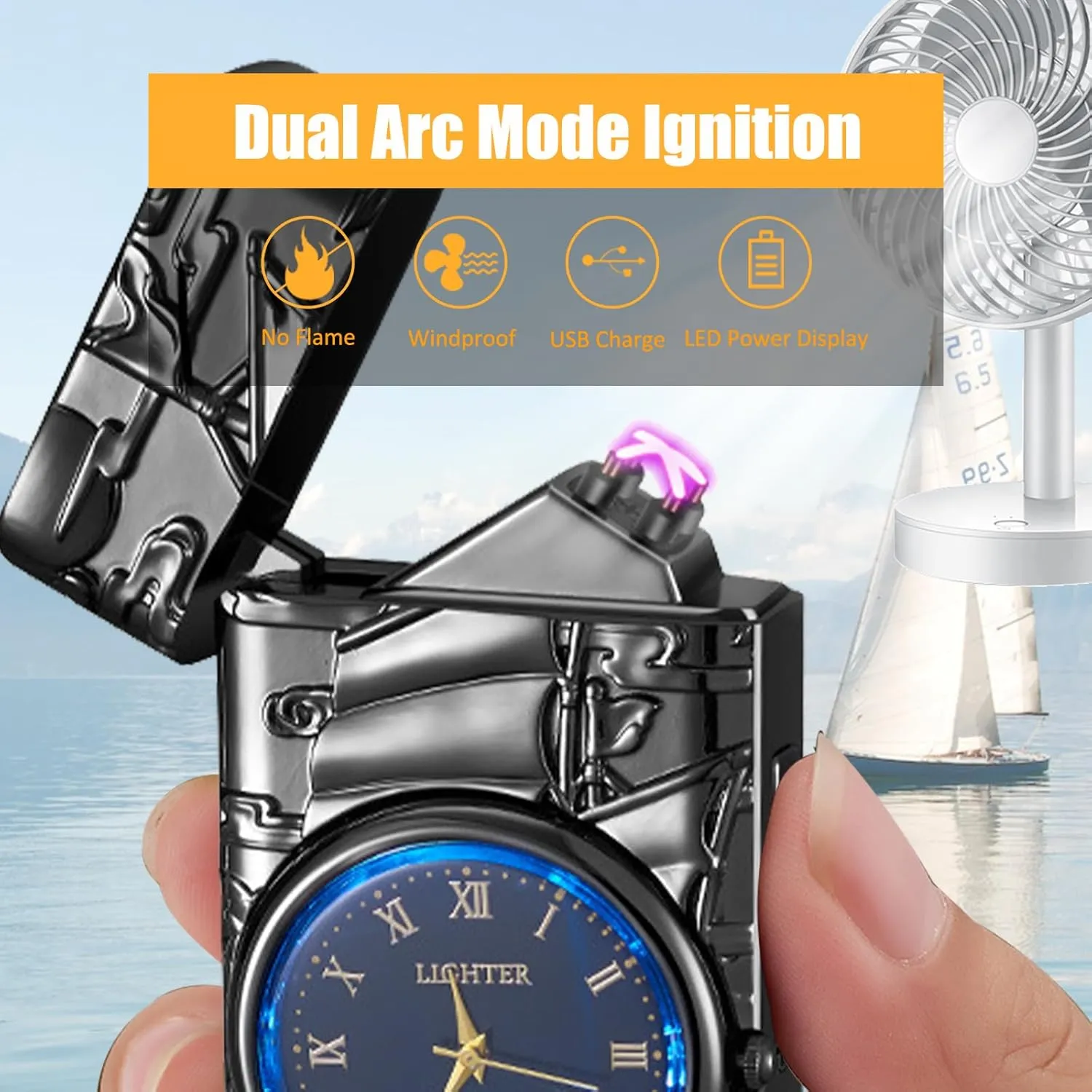 Electric Lighter with Plasma Arc, Windproof USB Rechargeable Lighter with Cool Design, Clock Dial, Flashlight, Power Display for Outdoor Daily Use, Gift for Men Women (Sailboat, Black)