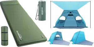 Elegear Self Inflating Sleeping Pad 3.15" Army Green & Beach Tent with Canopy 4-6 Person Blue Bundle