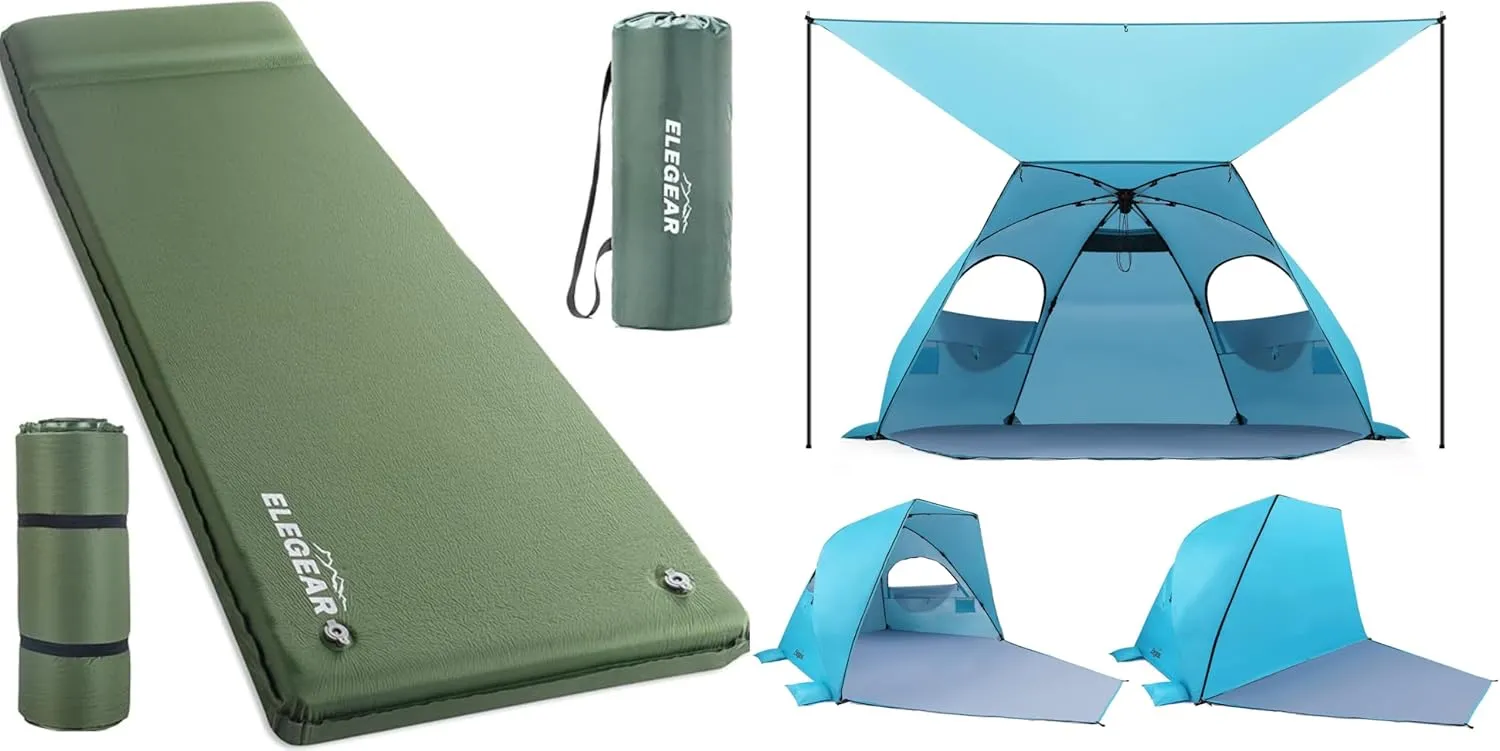 Elegear Self Inflating Sleeping Pad 3.15" Army Green & Beach Tent with Canopy 4-6 Person Blue Bundle