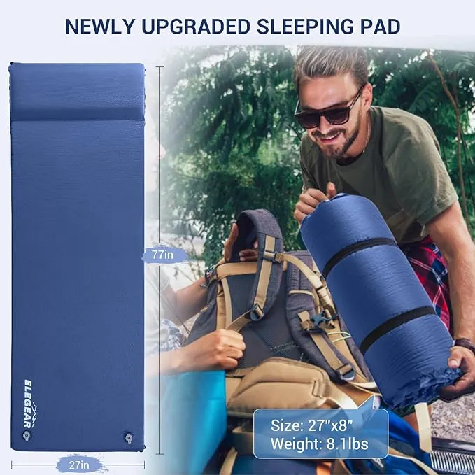 Elegear Self Inflating Sleeping Pad, 3.1" Ultra-Thick Memory Foam Camping Pad with Pillow Fast Inflating in 20s Insulated Camping Mattress Pad 4-Season Camp Sleeping Mat for Camping/Travel/Car/Tent