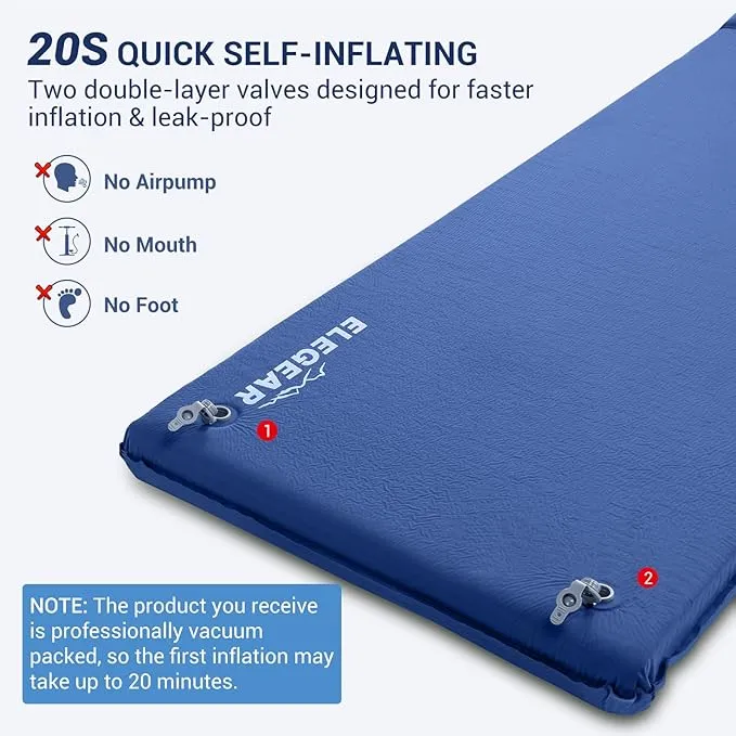 Elegear Self Inflating Sleeping Pad, 3.1" Ultra-Thick Memory Foam Camping Pad with Pillow Fast Inflating in 20s Insulated Camping Mattress Pad 4-Season Camp Sleeping Mat for Camping/Travel/Car/Tent