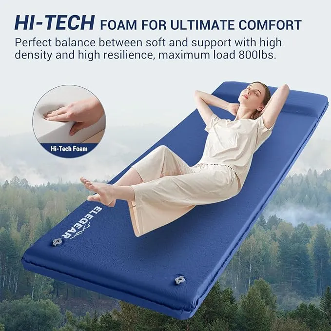 Elegear Self Inflating Sleeping Pad, 3.1" Ultra-Thick Memory Foam Camping Pad with Pillow Fast Inflating in 20s Insulated Camping Mattress Pad 4-Season Camp Sleeping Mat for Camping/Travel/Car/Tent