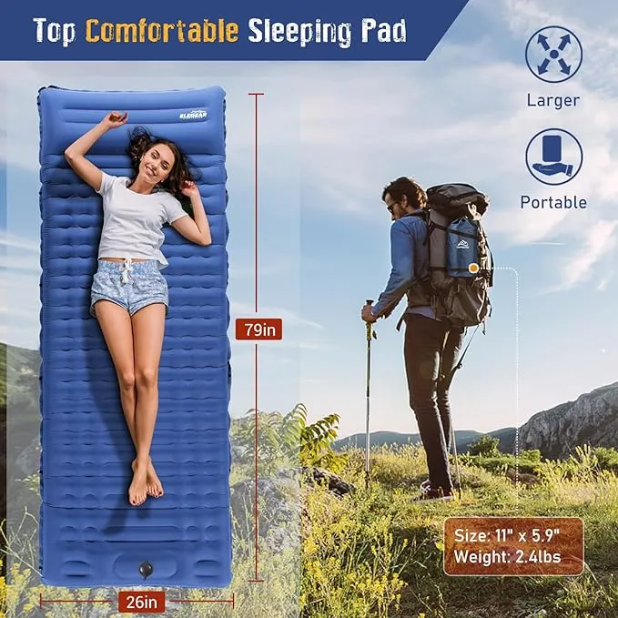 Elegear Self Inflating Sleeping Pad for Camping, 4" Ultra-Thick Camping Mattress Pad with Pillow Built-in Foot Pump Camping Sleeping Mat for Backpacking, Hiking, Portable Camping Pad