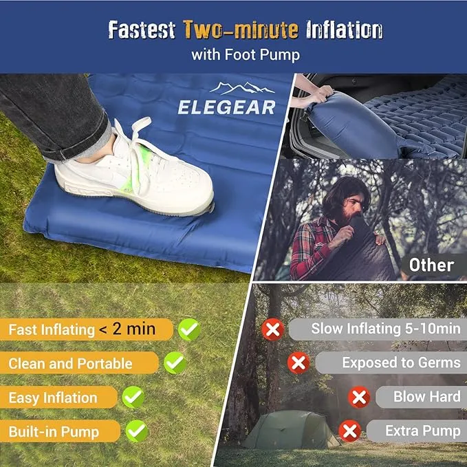 Elegear Self Inflating Sleeping Pad for Camping, 4" Ultra-Thick Camping Mattress Pad with Pillow Built-in Foot Pump Camping Sleeping Mat for Backpacking, Hiking, Portable Camping Pad