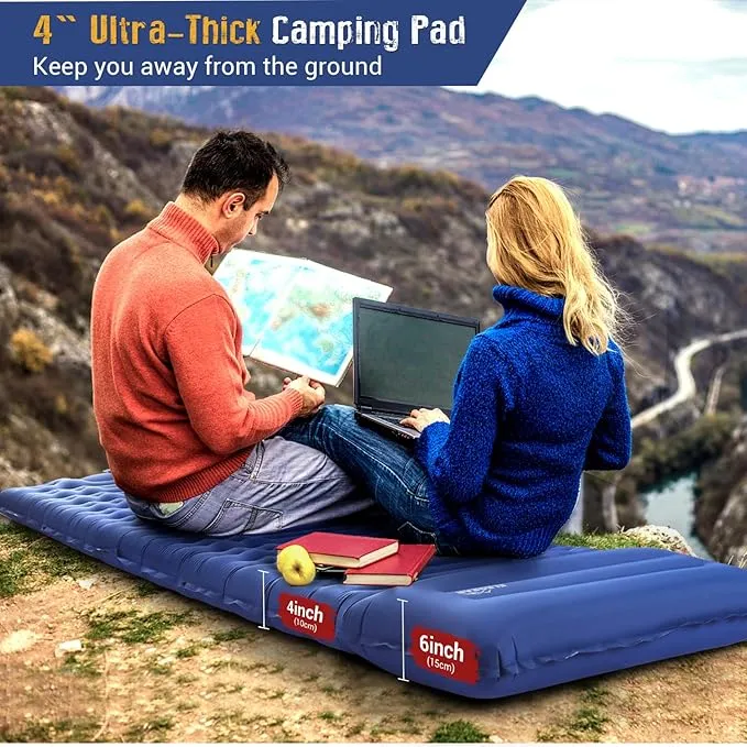 Elegear Self Inflating Sleeping Pad for Camping, 4" Ultra-Thick Camping Mattress Pad with Pillow Built-in Foot Pump Camping Sleeping Mat for Backpacking, Hiking, Portable Camping Pad