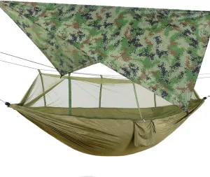ELEOPTION Portable Camping Hammock Set All-Inclusive, Double Outdoor Hammock with Mosquito Bug Net, Tarp Cover, Tree Straps, Storage Bag, Perfect for Hammock Camping Hiking