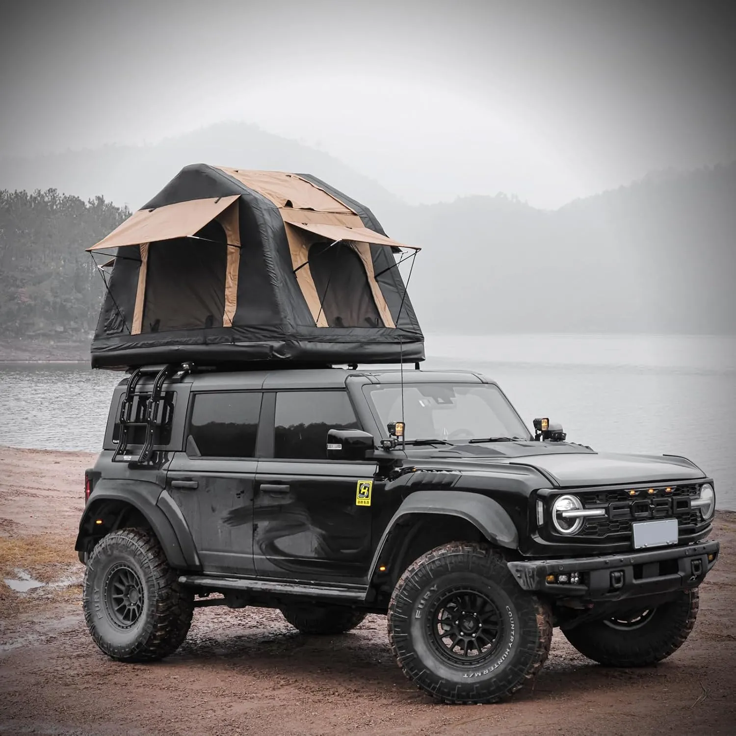 Elevated Sleeping Solution with Inflatable Roof Tent for 2-3 People, Quick Setup, Use with SUVs and Trucks, Khaki & Black