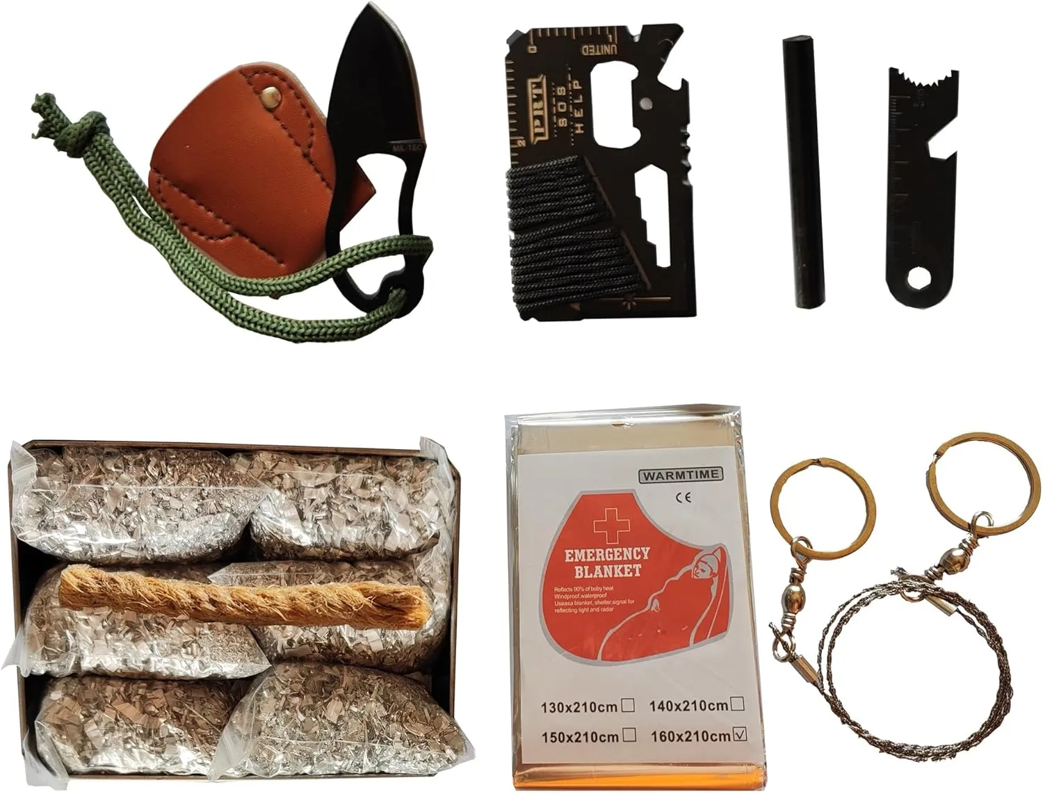 Emergency Fire Starter 6 Bag Megnesiums Multi Purpose Card Tool Saw Ferro Rod Striker Blanket Wax Rope for Camping Hiking Bushcraft   Tin Box (Mg   Ferro   Knife   Saw   Tool   Blanket   Rope)