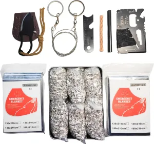 Emergency Fire Stater 6 Bags Magnesium Ferro Striker Saw Wire Multi Purpose Tool Blanket Wax Rope Camping Hiking Bushcraft   1 Free Tin Can (Mg   FerroStriker   Tool   Saw   Blanket   Knife   WaxRope)