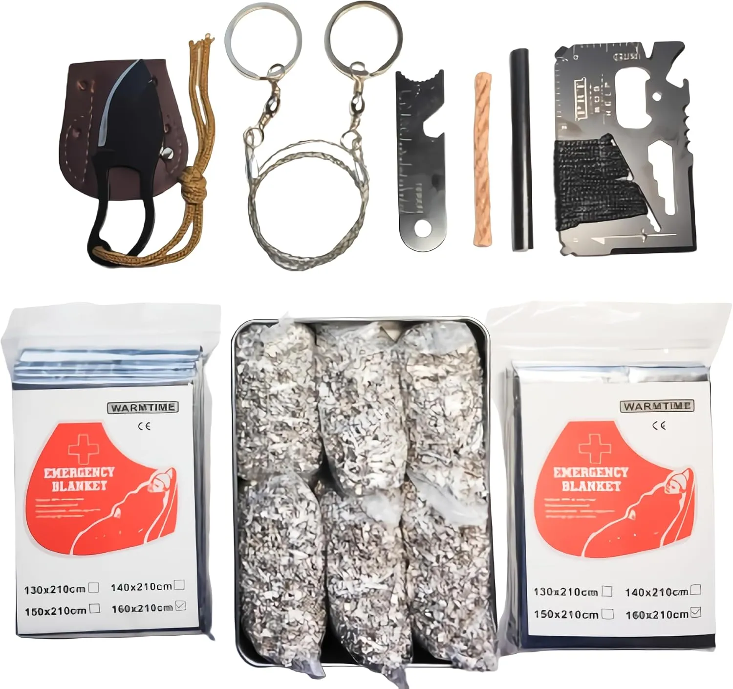 Emergency Fire Stater 6 Bags Magnesium Ferro Striker Saw Wire Multi Purpose Tool Blanket Wax Rope Camping Hiking Bushcraft   1 Free Tin Can (Mg   FerroStriker   Tool   Saw   Blanket   Knife   WaxRope)