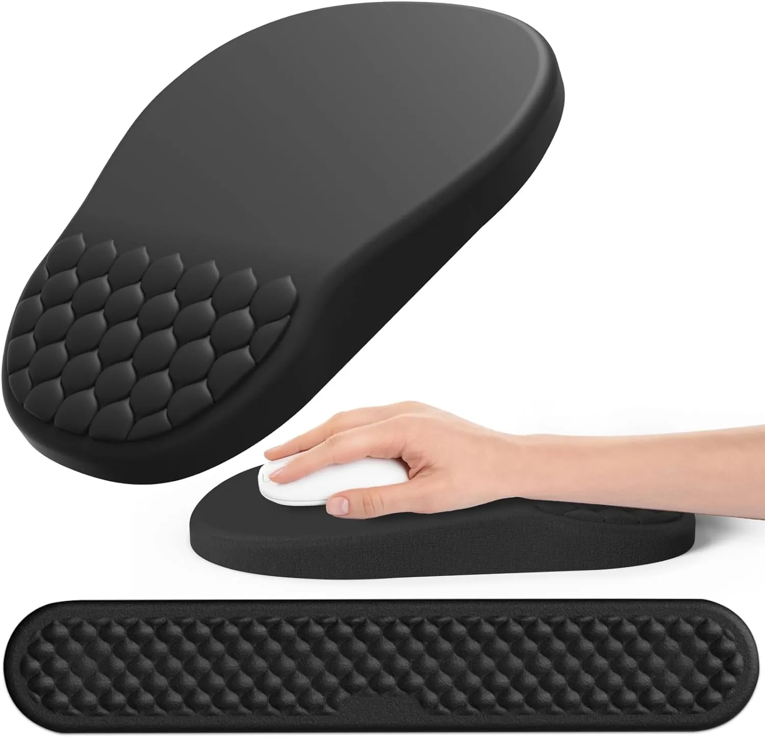 Ergonomic Mouse Pad and Keyboard Wrist Rest with Massage Design, Space-Saving Mouse Pad Wrist Support, Memory Foam Wrist Rest with Non-Slip PU Base for Computer Desk, Black