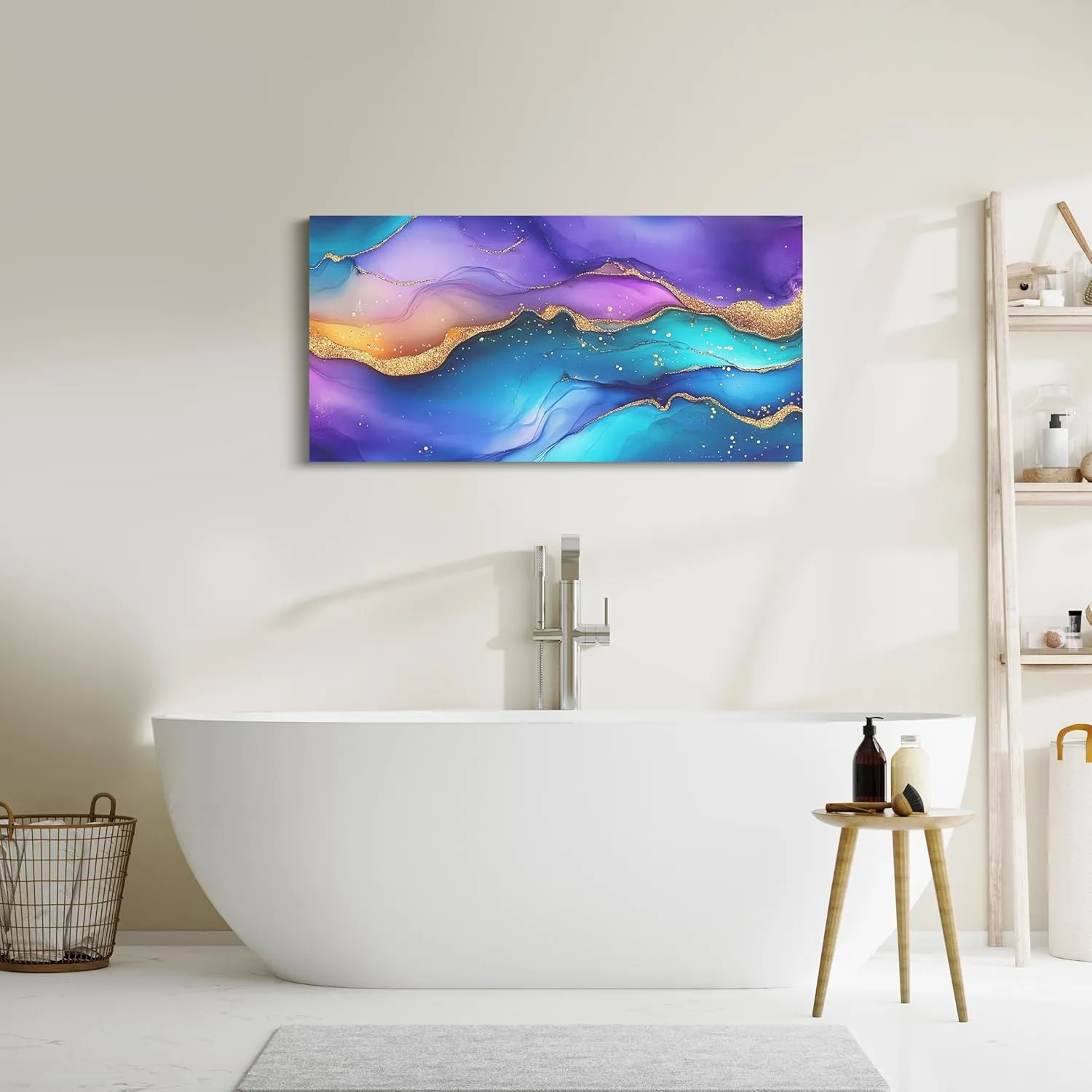 Erosebridal Purple Blue Marble Wall Art Watercolor Aesthetic Modern Abstract Marbling Large Canvas Wall Art Stone Foil Print Poster Paintings Gold Metallic Artwork Pictures 48''X 24''