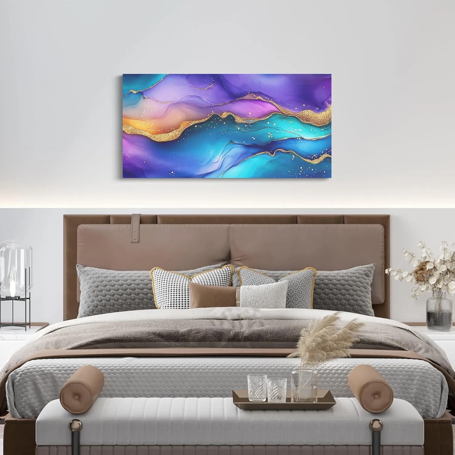 Erosebridal Purple Blue Marble Wall Art Watercolor Aesthetic Modern Abstract Marbling Large Canvas Wall Art Stone Foil Print Poster Paintings Gold Metallic Artwork Pictures 48''X 24''