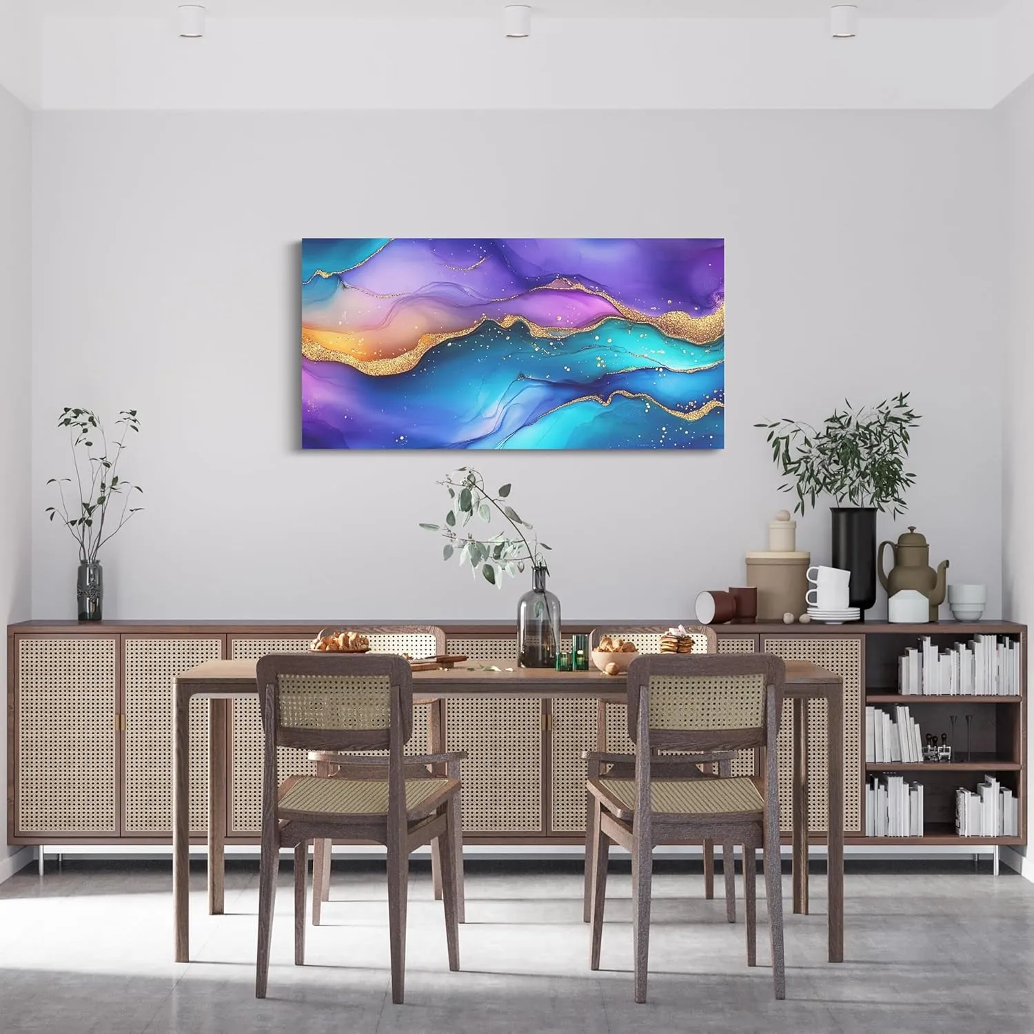 Erosebridal Purple Blue Marble Wall Art Watercolor Aesthetic Modern Abstract Marbling Large Canvas Wall Art Stone Foil Print Poster Paintings Gold Metallic Artwork Pictures 48''X 24''
