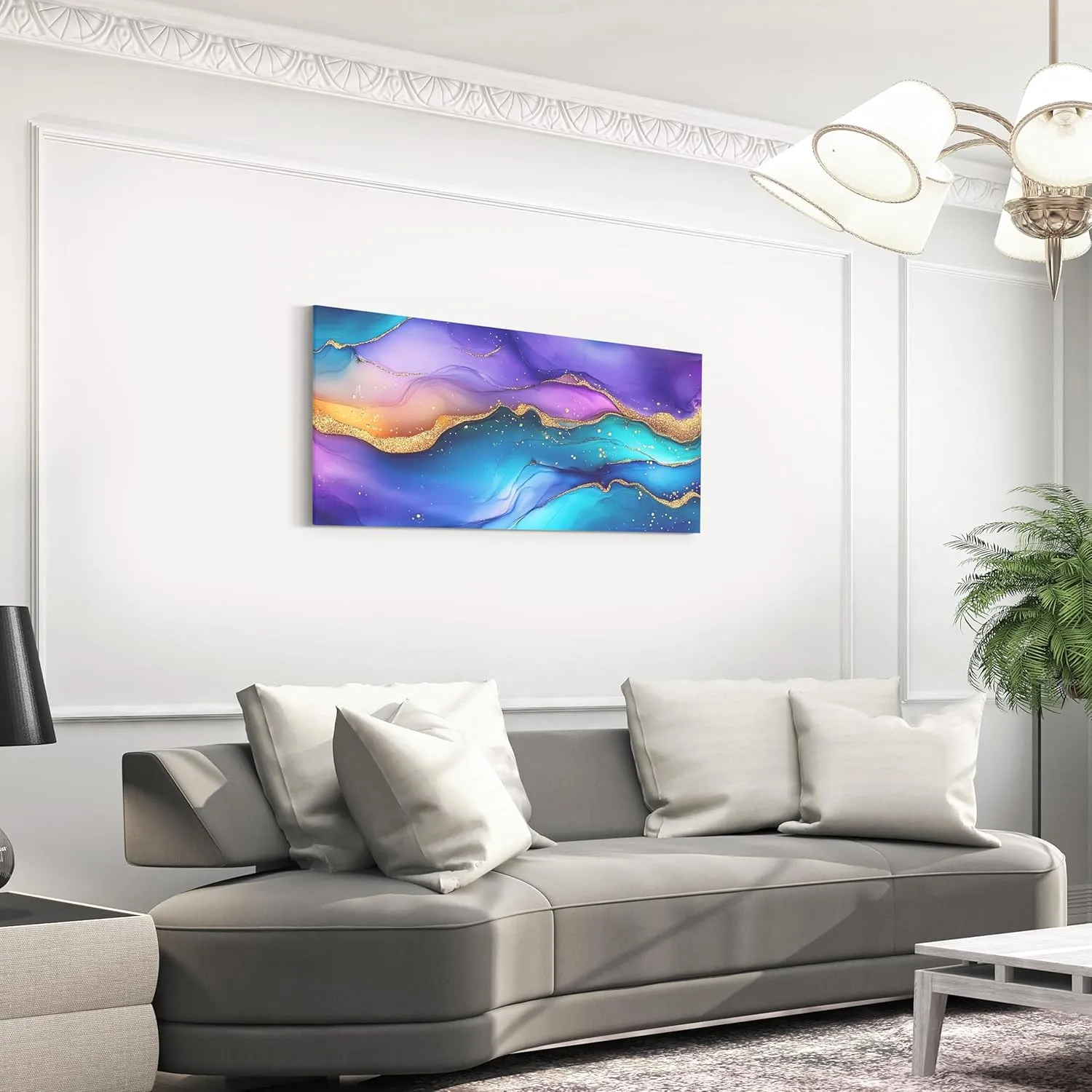 Erosebridal Purple Blue Marble Wall Art Watercolor Aesthetic Modern Abstract Marbling Large Canvas Wall Art Stone Foil Print Poster Paintings Gold Metallic Artwork Pictures 48''X 24''