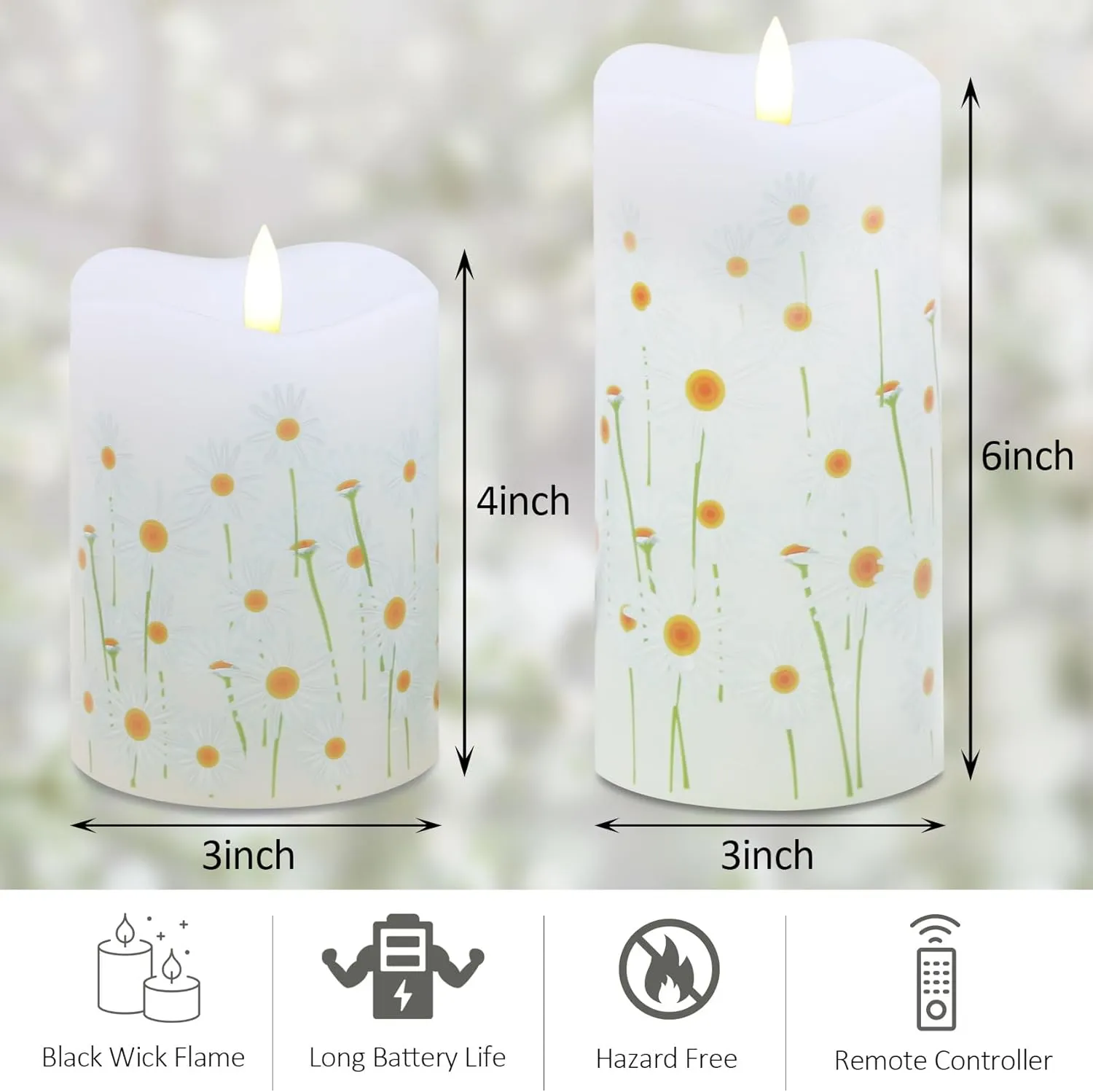 Eywamage White Floral Flameless Pillar Candles with Remote, Flickering Spring Daisy Battery LED Candles Set of 2