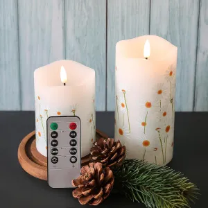 Eywamage White Floral Flameless Pillar Candles with Remote, Flickering Spring Daisy Battery LED Candles Set of 2