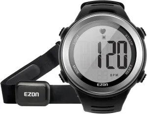 EZON Heart Rate Monitor and Chest Strap, Exercise Heart Rate Monitor, Sports Watch with HRM, Waterproof, Stopwatch, Hourly Chime, Bright Silver