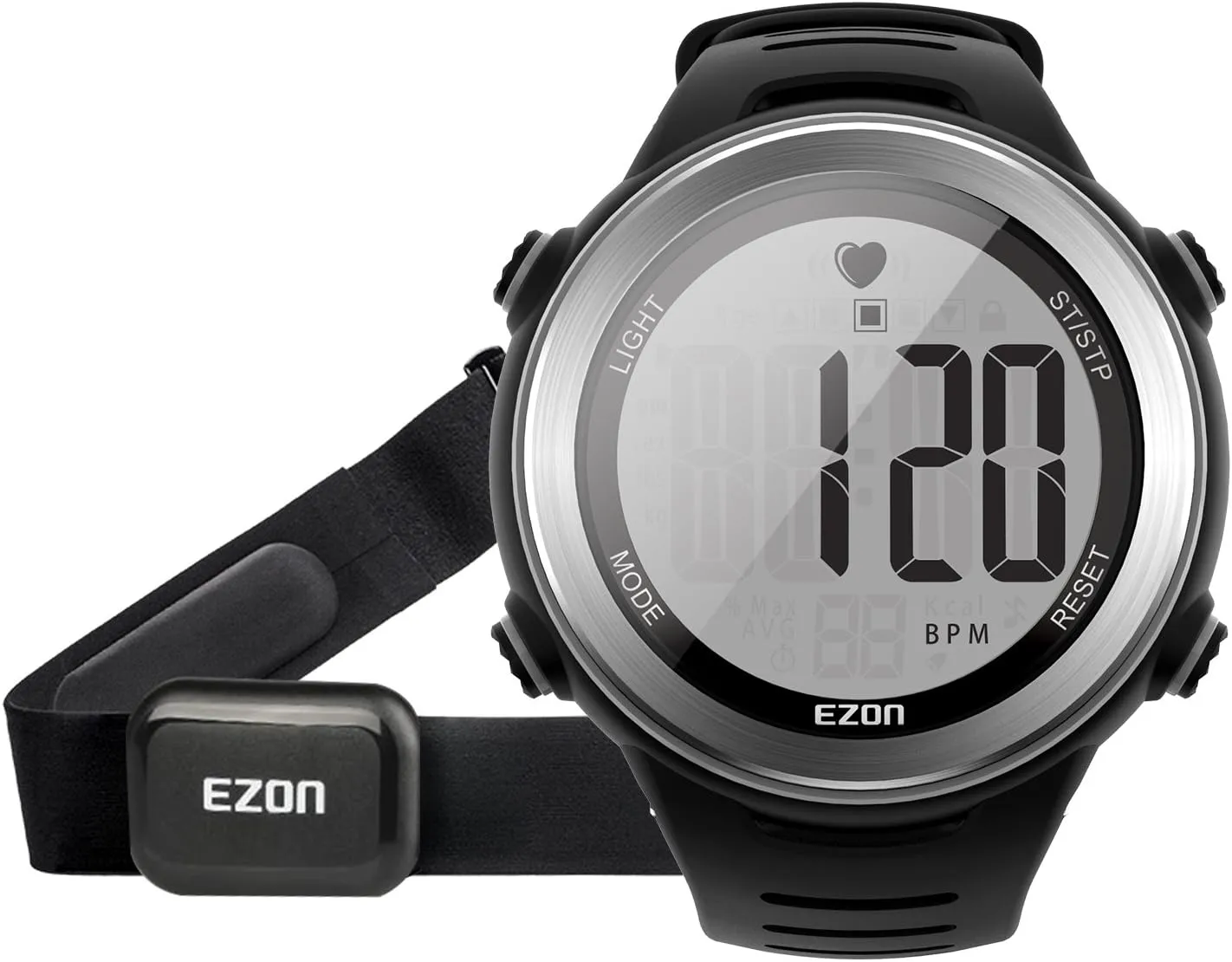 EZON Heart Rate Monitor and Chest Strap, Exercise Heart Rate Monitor, Sports Watch with HRM, Waterproof, Stopwatch, Hourly Chime, Bright Silver