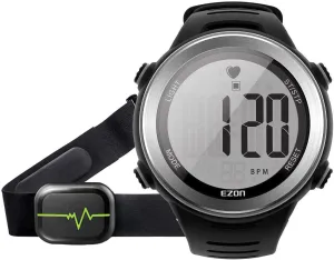 EZON Heart Rate Monitor Chest Strap, Exercise Heart Monitor, Sports Watch with HRM, Waterproof/Stopwatch/Hourly Chime, Steel Silver, T007A11