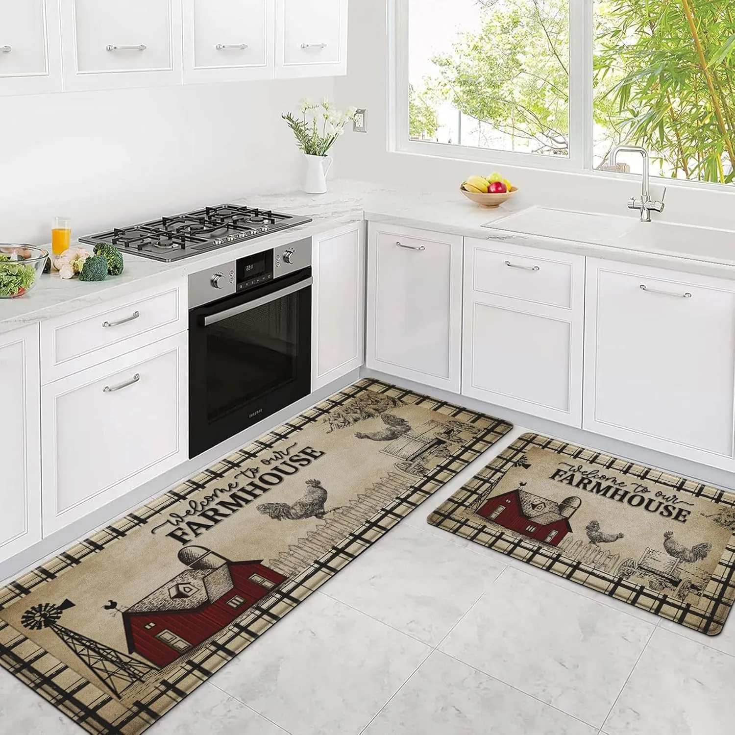 Farmhouse Kitchen Rugs Anti Fatigue 2 Piece,Washable Non-Skid Kitchen Mat,Farmhouse Rooster Kitchen Floor Mat，PVC Cushioned Kitchen Floor Mats, Size 18'' x 30'' 18" x 48"