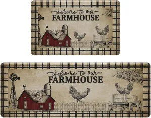 Farmhouse Kitchen Rugs Anti Fatigue 2 Piece,Washable Non-Skid Kitchen Mat,Farmhouse Rooster Kitchen Floor Mat，PVC Cushioned Kitchen Floor Mats, Size 18'' x 30'' 18" x 48"