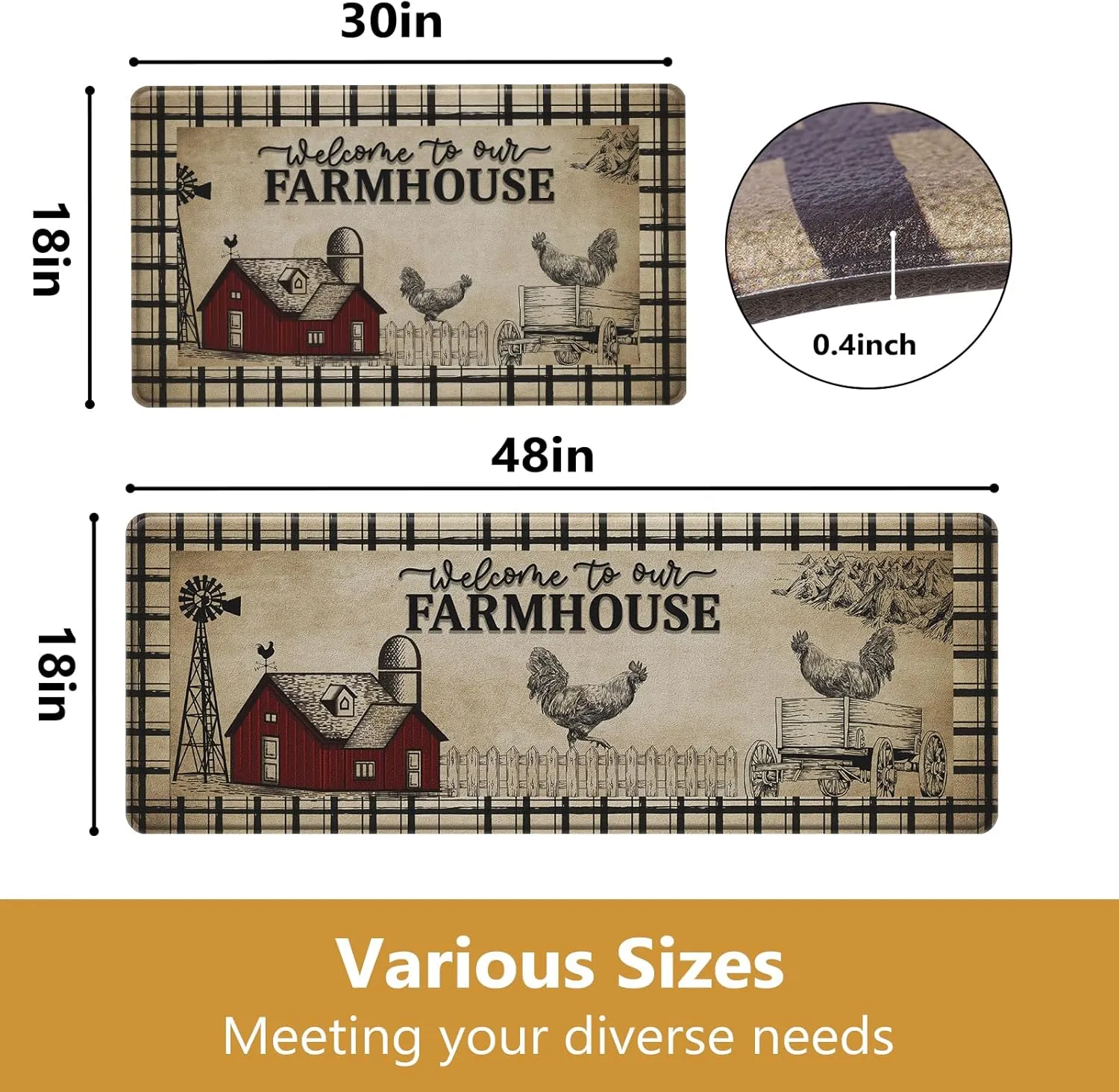 Farmhouse Kitchen Rugs Anti Fatigue 2 Piece,Washable Non-Skid Kitchen Mat,Farmhouse Rooster Kitchen Floor Mat，PVC Cushioned Kitchen Floor Mats, Size 18'' x 30'' 18" x 48"