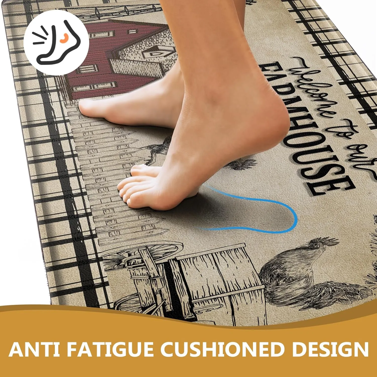 Farmhouse Kitchen Rugs Anti Fatigue 2 Piece,Washable Non-Skid Kitchen Mat,Farmhouse Rooster Kitchen Floor Mat，PVC Cushioned Kitchen Floor Mats, Size 18'' x 30'' 18" x 48"
