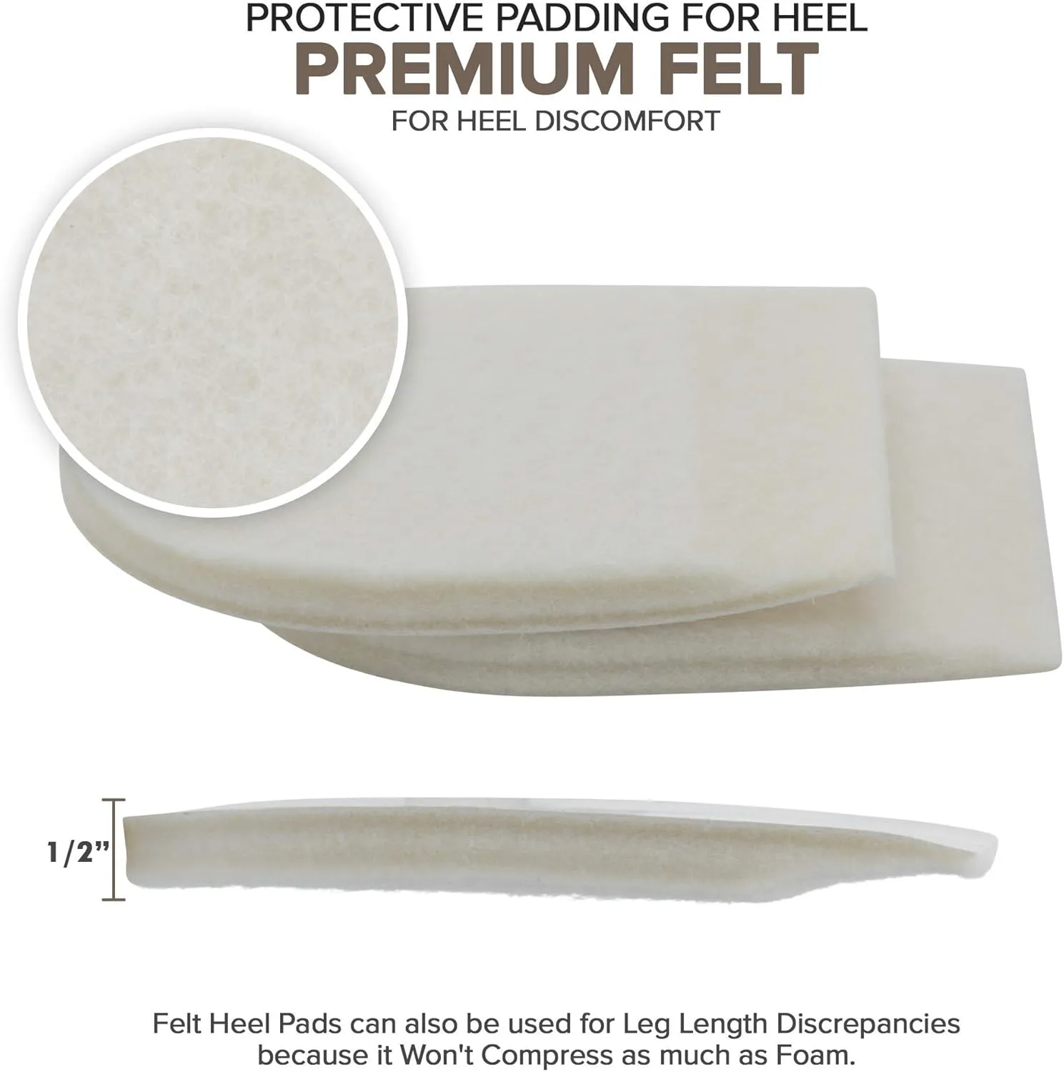 Felt Heel Cushion Pad 1/2" with Adhesive for Pain Relief - 6 Pairs (12 Pieces)