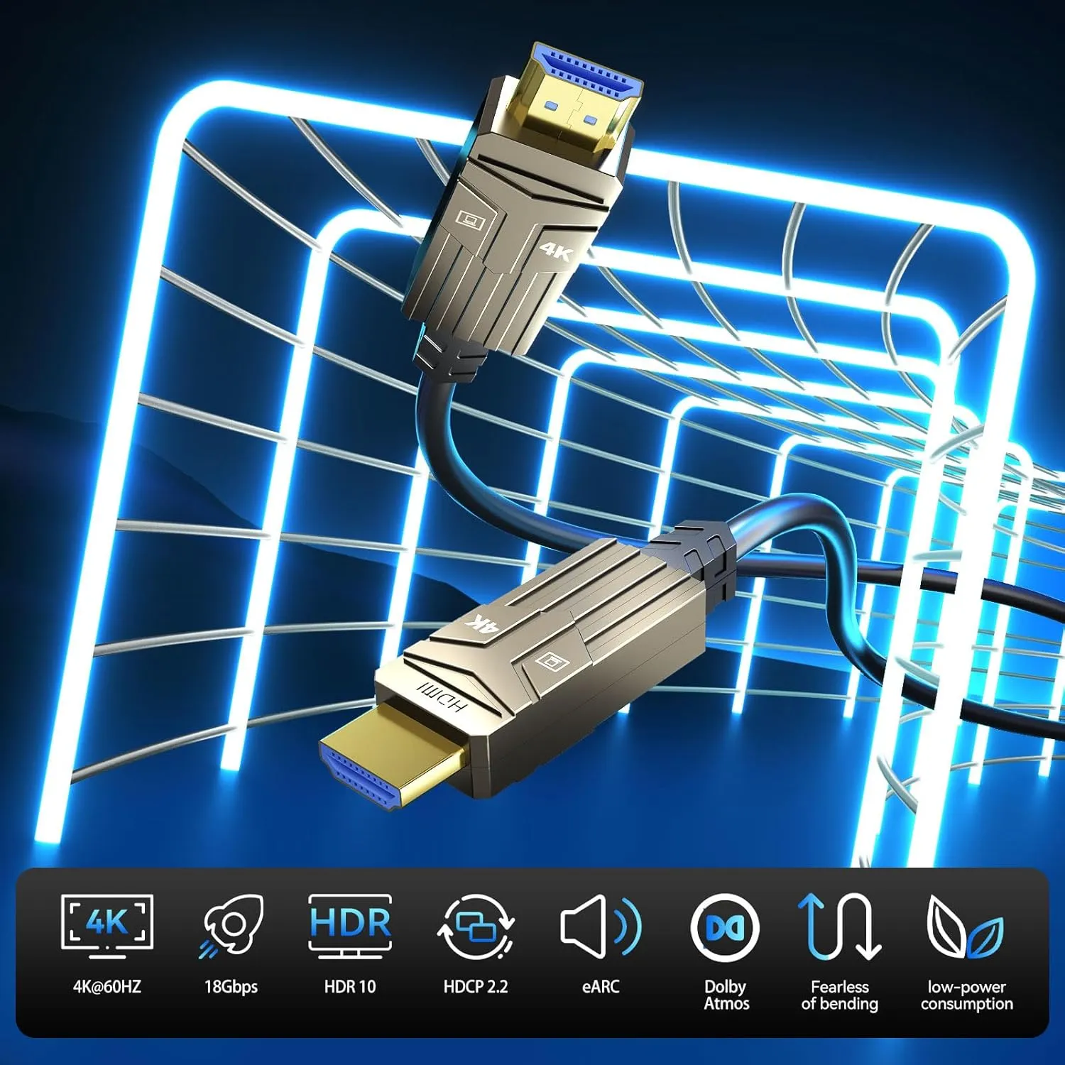 Fiber Optic HDMI Cable 75ft,18Gbps 4K@60Hz(4:4:4) Unidirectional Active 2.0 Cord,Support HDR10 eARC HDCP 2.2 3D CEC Atmos DTS:X, Ultra high Speed Flexible and Slim（22.5m）
