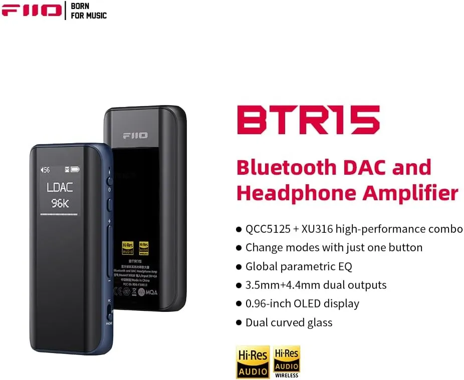 FiiO BTR15 Headphone Amps Bluetooth 5.1 Receiver High Resolution 384K/32Bit Native DSD256 USB DAC Supports LDAC/aptX HD/MQA for Smartphones/PC/Car/Home Audio (Titanium)