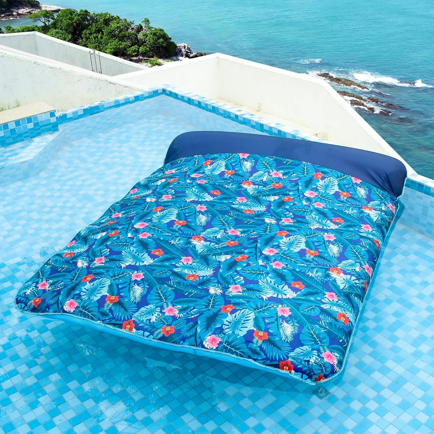 FindUWill Oversized Pool Float Lounge, 72" X 37" Extra Large Fabric-Covered Pool Floats for Adults, Inflatable Contour Lounger with Headrest Ultra-Comfort Cooling Pool Raft (XL, Monstera)