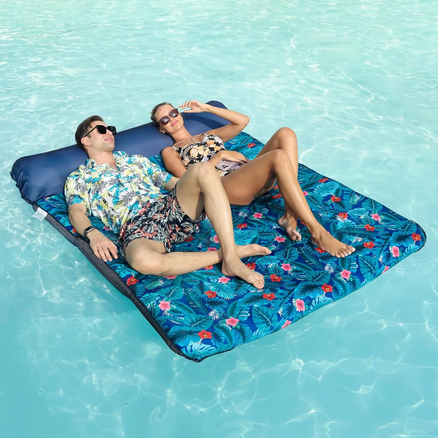 FindUWill Oversized Pool Float Lounge, 72" X 37" Extra Large Fabric-Covered Pool Floats for Adults, Inflatable Contour Lounger with Headrest Ultra-Comfort Cooling Pool Raft (XL, Monstera)
