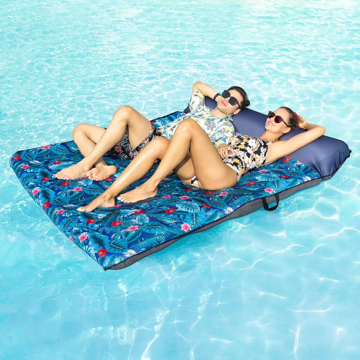 FindUWill Oversized Pool Float Lounge, 72" X 37" Extra Large Fabric-Covered Pool Floats for Adults, Inflatable Contour Lounger with Headrest Ultra-Comfort Cooling Pool Raft (XL, Monstera)