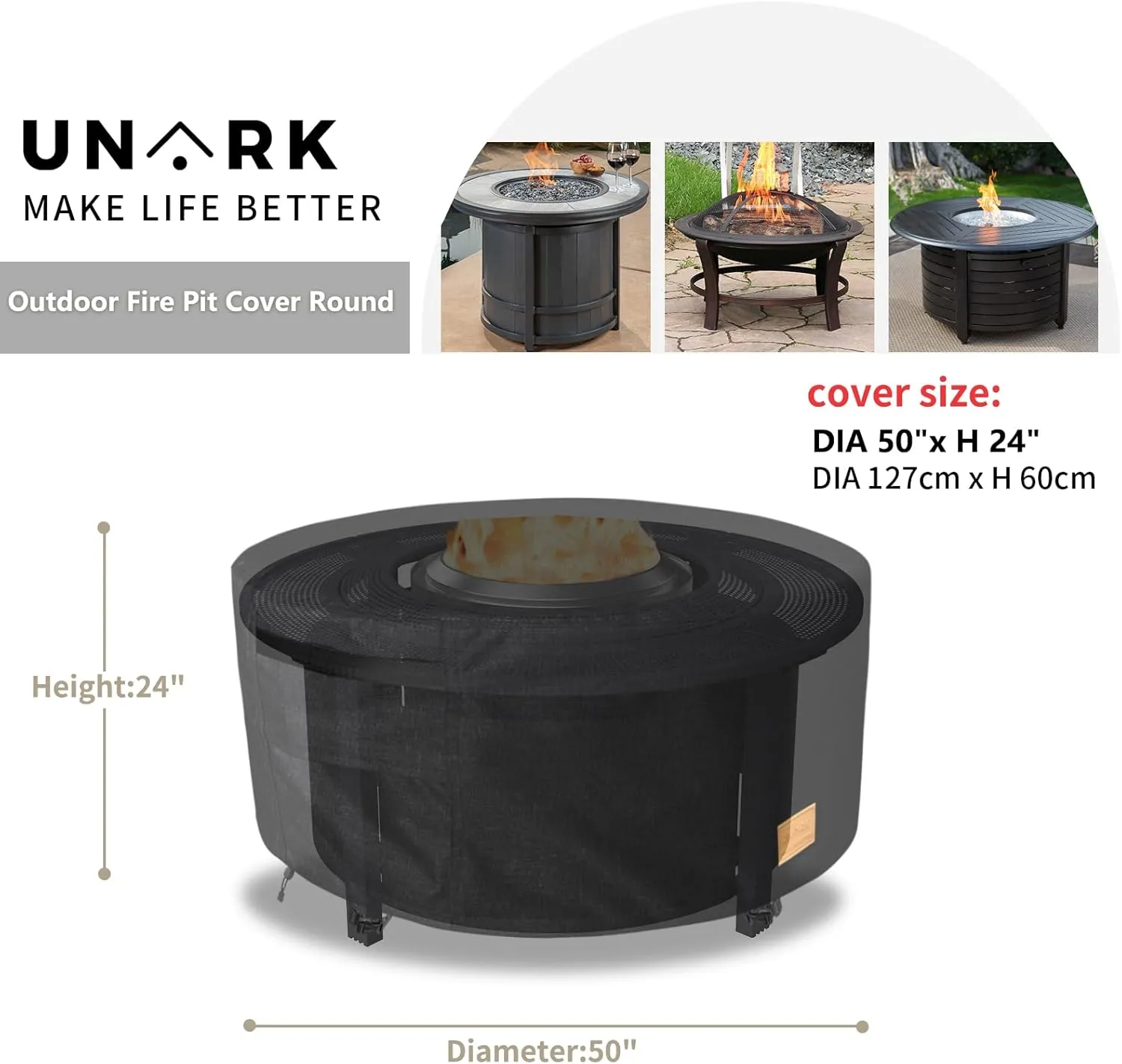 Fire Pit Cover Round 50 inch,Waterproof 600D Heavy Duty Patio Fire Pit Cover,Outdoor Round Gas Fire Pit/Table Cover,50” Dia X 24”H,Black