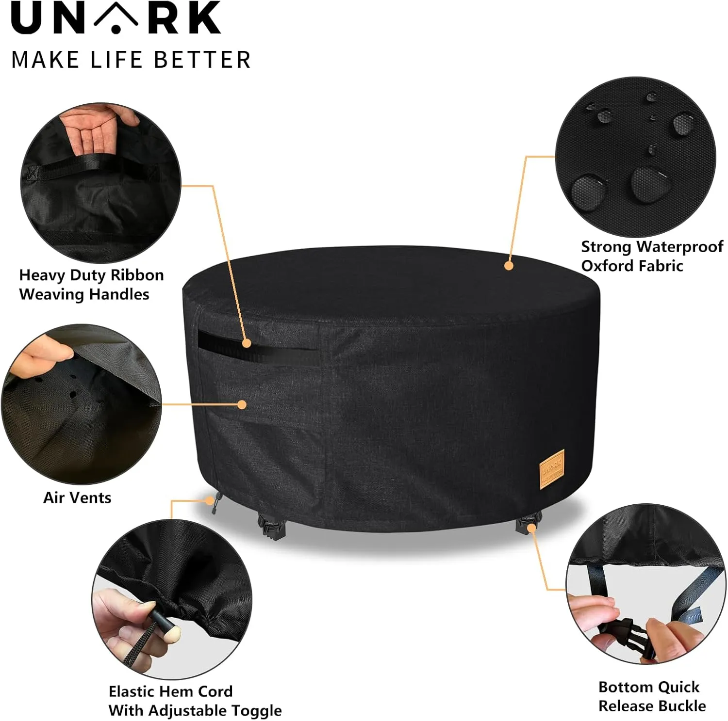 Fire Pit Cover Round 50 inch,Waterproof 600D Heavy Duty Patio Fire Pit Cover,Outdoor Round Gas Fire Pit/Table Cover,50” Dia X 24”H,Black
