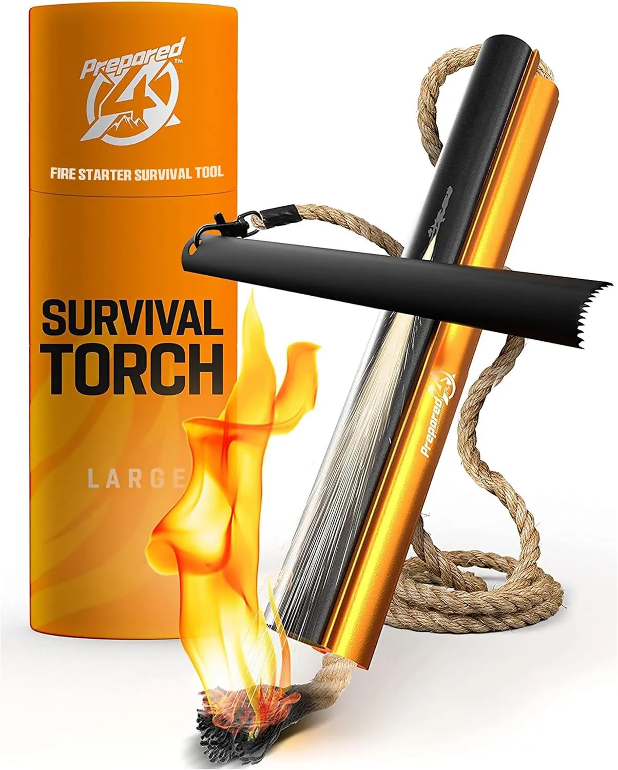 Fire Starter Survival Tool - All-in-One Flint and Steel Fire Starter Kit - Ferro Rod Fire Starter with 36" Waterproof Tinder Wick Rope and Steel Fire Striker - Patented Firestarter | Prepared4X