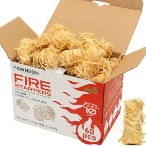 Fire Starters for Fireplace, Campfire, Wood Stove, Chimney, Pizza Oven, Fire Pit, Smoker, Grill, BBQ - All Weather Starter - Natural Odorless Indoor Outdoor Charcoal Firestarters 60 Pack