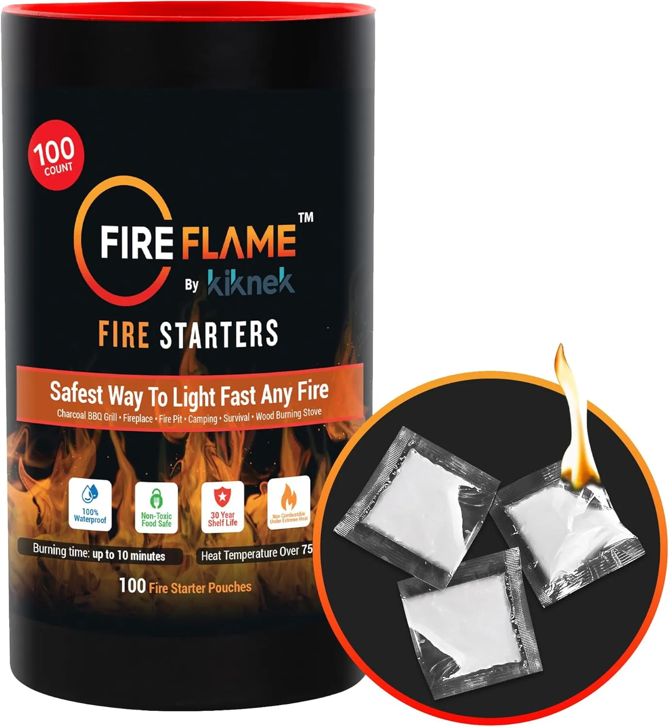 Fireflame Quick Instant Fire Starter - 100% Waterproof All-Purpose Indoor & Outdoor Firestarter, for Charcoal Starter, Campfire, Fireplace, BBQ - Odorless and Non-Toxic - 100 Pouches in Canister