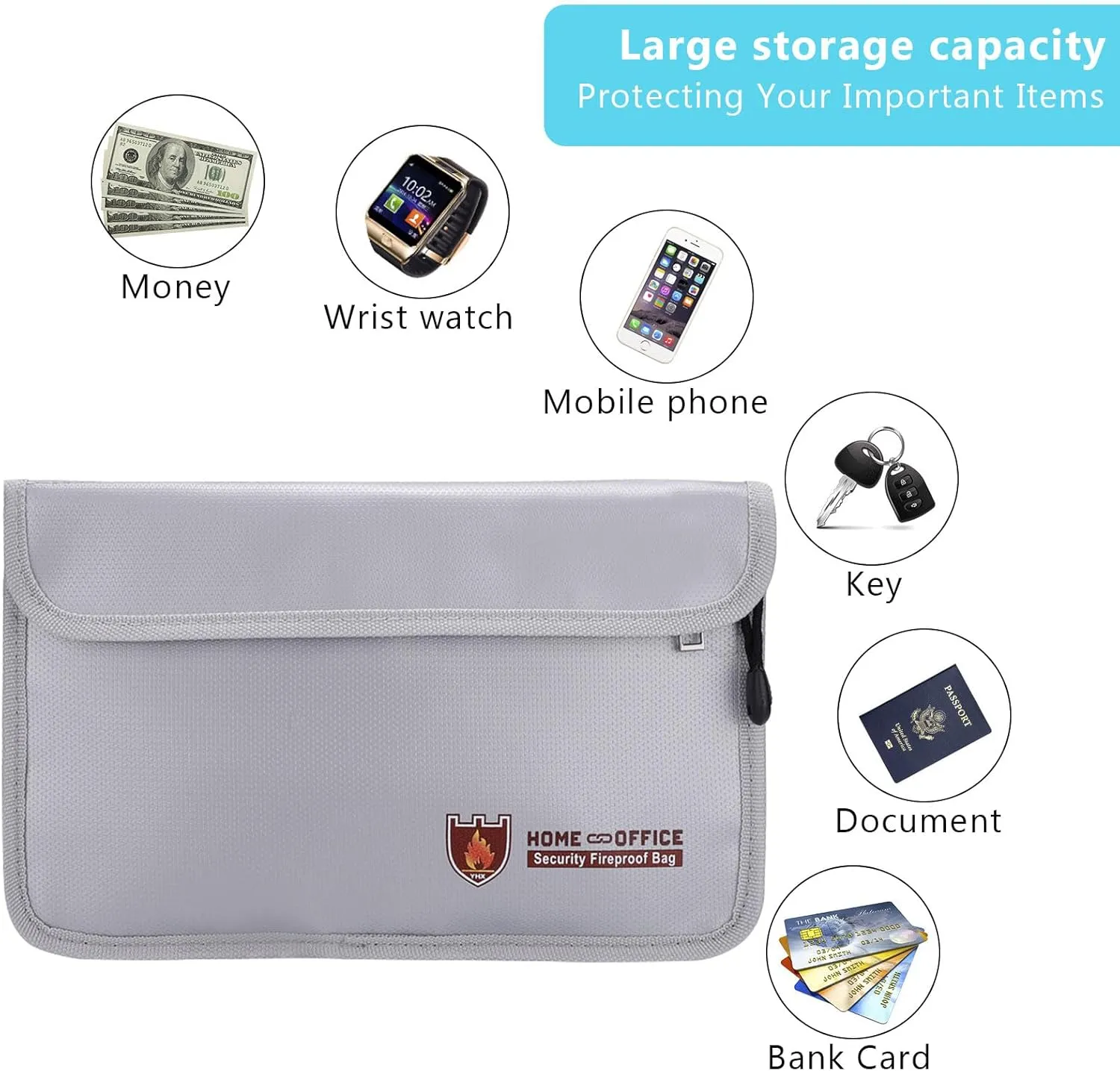 Fireproof Document Bag,11x 7" Waterproof Fireproof Money Bag for Cash with 2 Pockets & Zipper Small Fireproof Safe Box Money Pouch Envelope Container for Cash,Passport,Currency,Keys-Horizontal
